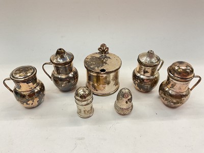 Lot 1095 - Silver condiments and a silver mustard pot with blue glass liner (7)