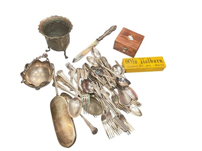 Lot 443 - Group of silver plated flatware, dominos, compass and sundries.