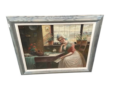 Lot 852 - A. Telarick oil on canvas Dutch lady holding a love letter
