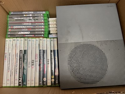Lot 323 - Xbox One S console, Xbox One and Xbox 360 games, together with other games, DVDs, CDs etc (4 boxes)