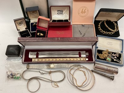 Lot 1121 - Gold plated and silver plated jewellery, empty jewellery boxes, silver perfume bottle holder etc