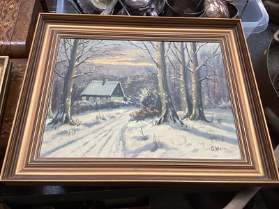 Lot 855 - O. klein oil on canvas Winter landscape, signed, together with oil of church interior, oil of cottage by K.J Drew's and oil of Bay of Naples (4)