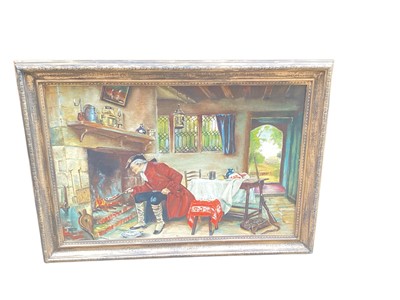 Lot 854 - After F.M Bennett oil on board Gentleman frying his breakfast over an open fire, together with another oil painting signed H. Sturmer (2)