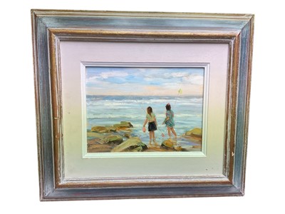 Lot 249 - Leslie Stones (contemporary) oil on board, figures on a beach