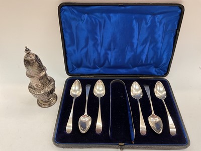 Lot 1116 - Set of six Georgian silver teaspoons and pair of silver sugar tongs in fitted case, together with a silver castor