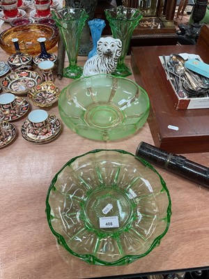 Lot 408 - Pair of uranium glass vases, two similar bowls, blue glass vase and Staffordshire Spaniel (6).