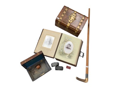 Lot 412 - Victorian silver mounted walking stick, walnut and brass work box, cabinet card album and sundries.