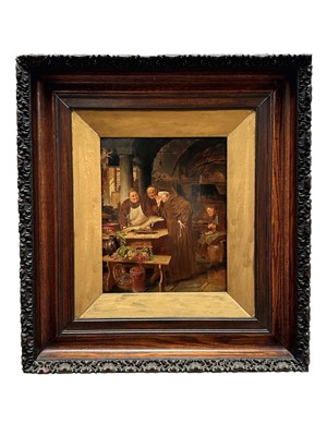 Lot 1325 - Manner of Eduard von Grützner (1846-1925) oil on panel - The Monastery Kitchen, signed, 37cm x 30cm, framed