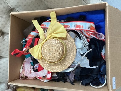 Lot 873 - Large collection of antique dolls, French wigs, hats, threading elastic bear eyes, ribbons, etc