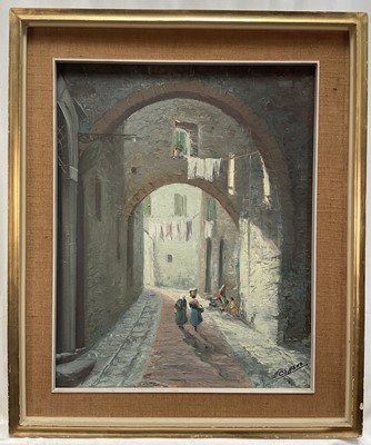 Lot 289 - Italian school oil on canvas - figures beneath arches in the old town, signed, 48cm x 38cm, framed