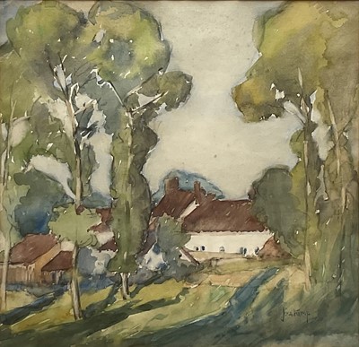 Lot 104 - Jeka Kemp (1876-1967) watercolour - 'The White Farm’, signed, 30cm x 31cm, glazed frame