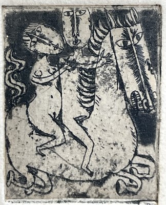 Lot 99 - Brigitte Coudrain engraving - two figures on horseback, 3cm x 2.5cm, signed and numbered in pencil below, mounted in glazed gilt frame (32cm x 28cm overall)