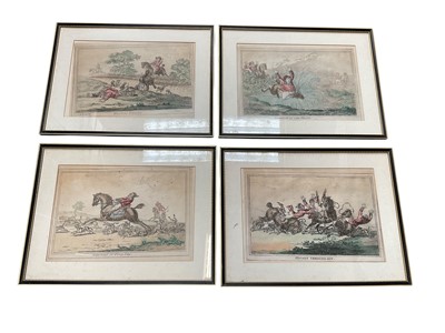 Lot 847 - Set of four 19th century hunting prints after Gillray, in Hogarth frames, entitled 'Coming in at the Death', 'Hounds Throwing Off', 'Hounds in Full Cry', and 'Hounds Findng', published 1800