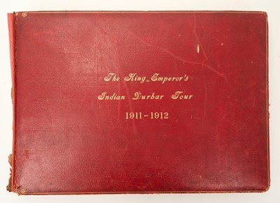 Lot 7 - The Delhi Durbar 1911-1912, fine Royal presentation photograph album of the tour with gilt tooled red leather binding entitled ' The King Emperor's Indian Durbar Tour 1911-1912' containing an ex...