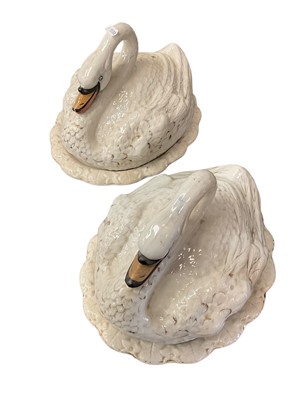 Lot 158 - Unusual pair of Staffordshire swan dish and covers