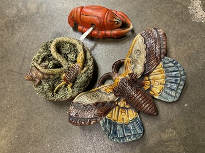 Lot 168 - Small Palissy dish and an unusual Palissy model of a moth, together with an unusual lobster form condiments set