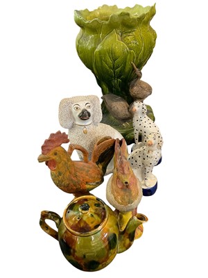 Lot 164 - Good eccentric collection of ceramics, including Whieldon type teapot and cover, Staffordshire Dalmatians, a decorative jardinière etc