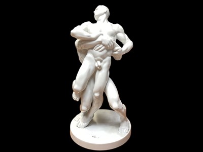 Lot 907 - After P. Farkas, Herend Blanc de Chine ceramic figure of male wrestlers with printed and incised marks to base.