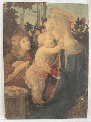 Lot 120 - After Botticelli, Madonna and Child with Saint John the Baptist, watercolour on board, 36.5cm x 26.5cm. Unframed.
