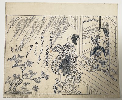 Lot 129 - Japanese print by Sukenobu (1674-1754), 22cm x32cm and two others 37.5cm x 27.5cm and 29cm x 21.5cm, all unframed