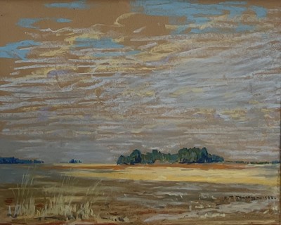 Lot 123 - Hugh Travers Tracey A.R.S.A (1903-1977) - Blue Gums on the Gweli Flats - pastel -19cm x 24cm, signed and dated - label for the Rhodesian Society of Fine Arts to verso, in glazed frame.