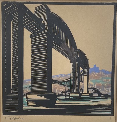 Lot 124 - Royal Albert bridge, Saltash, Cornwall - linocut, indistinctly signed17.5cm x 16.5cm, in glazed frame.