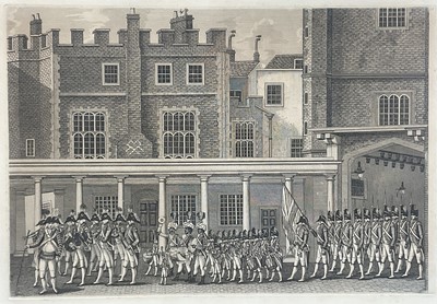 Lot 125 - Band of the Grenadier Guards, St. James's Palace - unattributed engraving, circa 1790. 37cm x 51.cm, in glazed frame.