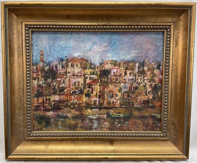 Lot 101 - 20th Century Continental oil on board depicting two boats moored in a harbour with extensive buildings behind, indistinctly signed, dated 1984, 20cm x 26cm, gilt frame