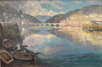 Lot 292 - P. A Wise, 20th century oil on canvas,river with bridge beyond, 60cm x 90cm, framed