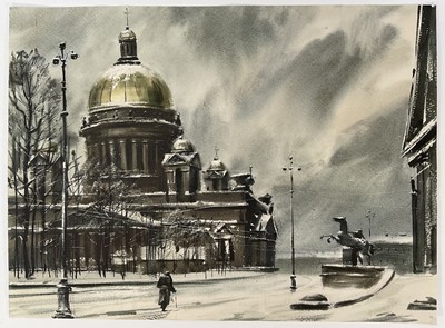Lot 87 - Neil Shafiev, Russian School, watercolour, second half 20th century - a view of St. Isaac Cathedral, St. Petersburg, inscribed verso, 35cm x 47cm, unframed