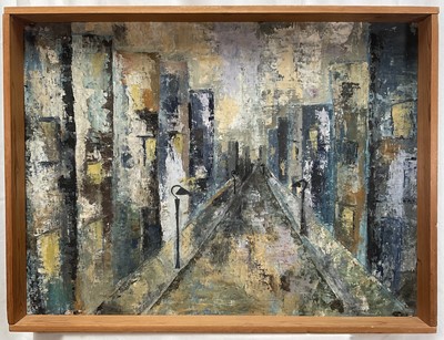 Lot 288 - 20th Century oil on canvas laid on board - Abstract street scene, signed, 53cm x 70cm, framed