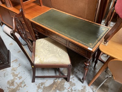 Lot 1265 - Small antique ladies' writing table with three marquetry inlaid drawers to front, together with a single Chippendale chair