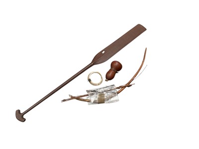Lot 596 - Oceanic tribal paddle (possibly Fijian), Pigmy bow with arrows, wild boar tusk native adornment, gourd shaped fruit bottle