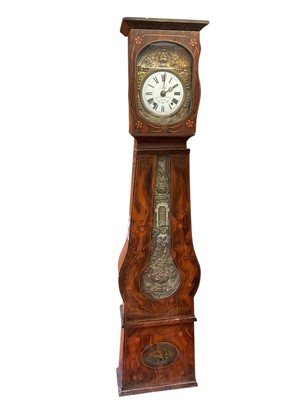 Lot 1448 - 19th century French painted longcase clock of shaped form with glass panel to door, weights and pendulum