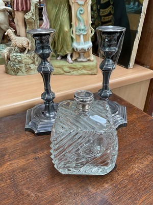 Lot 879 - Gentlemen's cologne bottle with silver top, together with pair of Georgian style candlesticks