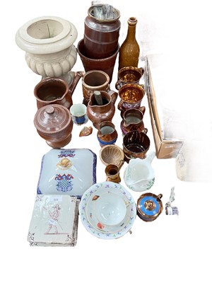 Lot 505 - Collection of antique stoneware, copper lustre items, Delft tiles and sundries.