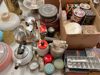 Lot 301 - Group of vintage kitchen wares, tins, glass ceiling lights etc