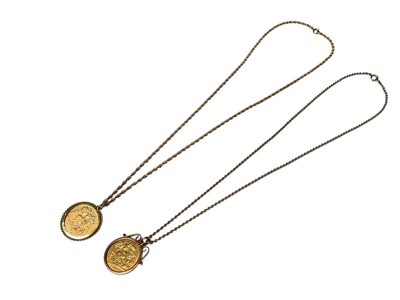 Lot 72 - Two gold half sovereigns, 1907 and 1908, in gold pendant mounts on 9ct gold chains