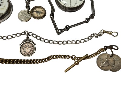 Lot 79 - Collection of seven antique pocket watches to include four silver cased, gold plated full hunter and two others, together with two silver watch chains with fobs