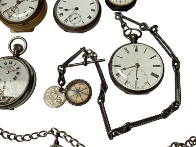 Lot 79 - Collection of seven antique pocket watches to include four silver cased, gold plated full hunter and two others, together with two silver watch chains with fobs