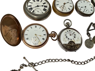 Lot 79 - Collection of seven antique pocket watches to include four silver cased, gold plated full hunter and two others, together with two silver watch chains with fobs