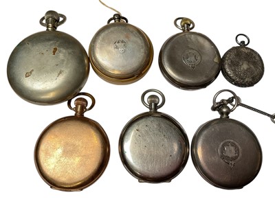 Lot 79 - Collection of seven antique pocket watches to include four silver cased, gold plated full hunter and two others, together with two silver watch chains with fobs