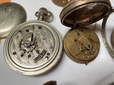 Lot 79 - Collection of seven antique pocket watches to include four silver cased, gold plated full hunter and two others, together with two silver watch chains with fobs