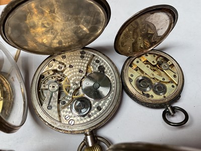 Lot 79 - Collection of seven antique pocket watches to include four silver cased, gold plated full hunter and two others, together with two silver watch chains with fobs