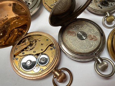 Lot 79 - Collection of seven antique pocket watches to include four silver cased, gold plated full hunter and two others, together with two silver watch chains with fobs