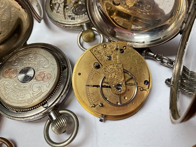 Lot 79 - Collection of seven antique pocket watches to include four silver cased, gold plated full hunter and two others, together with two silver watch chains with fobs