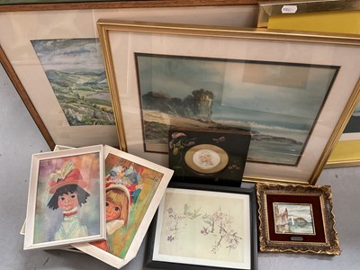 Lot 307 - Group of pictures including a watercolour portrait miniature in painted frame, car related prints etc