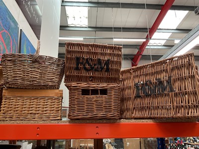 Lot 349 - Group of wicker baskets including two Fortnum & Mason hampers, together with a vintage two tier drinks trolley
