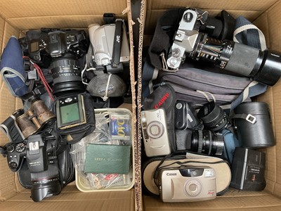 Lot 336 - Two boxes of cameras including Fujifilm, Fujica, Minolta etc, various lenses and accessories
