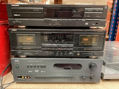 Lot 361 - NAD Surround Sound Receiver T 751, AIWA stereo cassette deck AD-WX777, Philips CD 610 compact disc player, Pro-Ject record player and pair of speakers